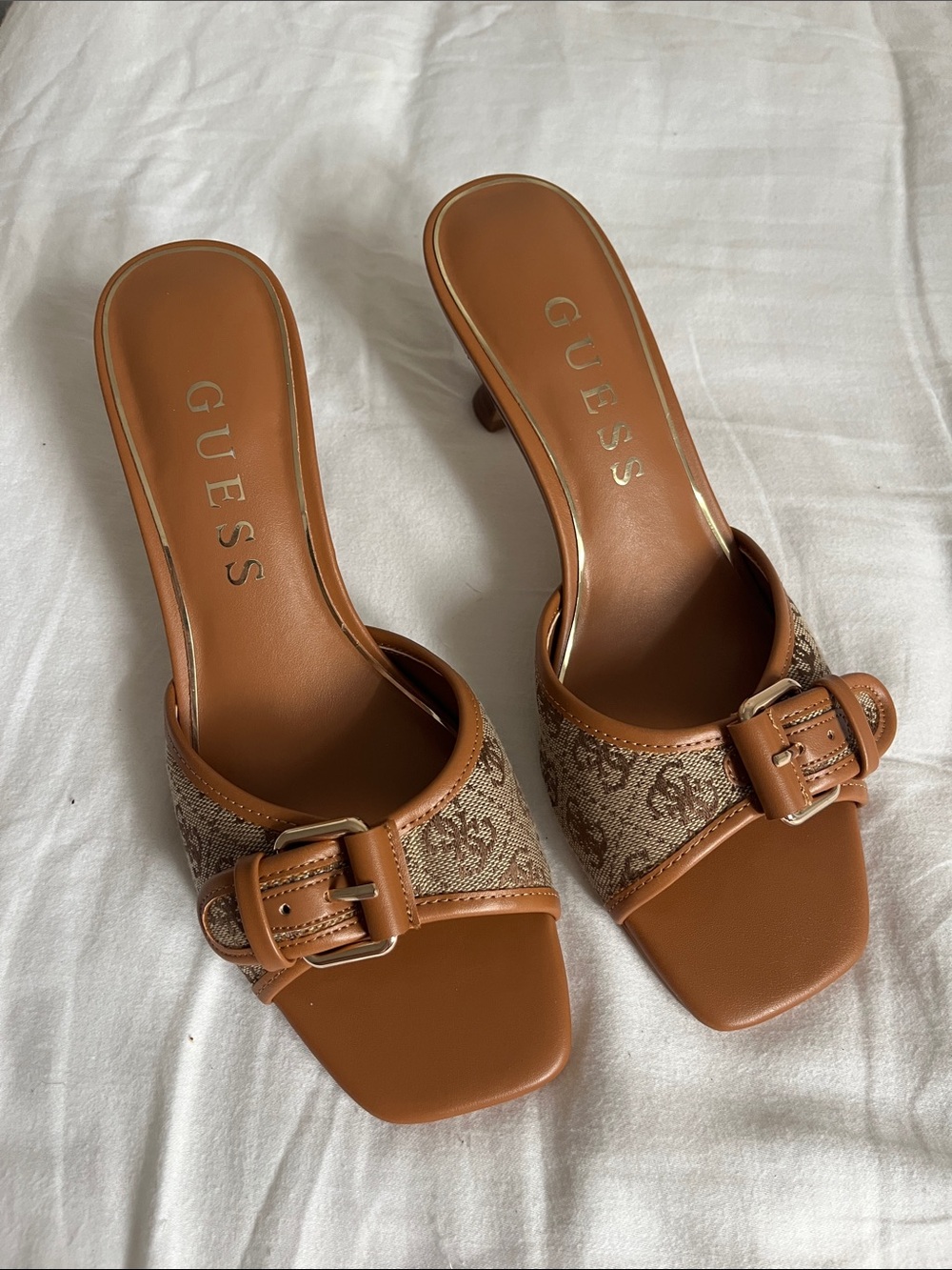 Guess Brown Tan Buckle Slide Mules